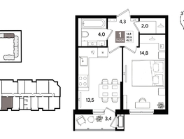 Продается 1-комнатная квартира ЖК Рекорд 2, литера 1, 41.4  м&sup2;, 10614960 рублей