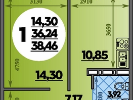 Продается 1-комнатная квартира ЖК Молодежный 2, литера 14, 38.46  м&sup2;, 5472858 рублей