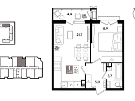 Продается 1-комнатная квартира ЖК Рекорд 2, литера 1, 46.1  м&sup2;, 11340600 рублей