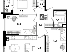 Продается 3-комнатная квартира ЖК ДОГМА ПАРК, литера 19, 68.4  м&sup2;, 11073960 рублей