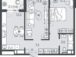 Продается 2-комнатная квартира ЖК Все Свои ВИП, литер 4, 50.2  м&sup2;, 11295000 рублей