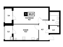 Продается 1-комнатная квартира ЖК Кварталы 17/77, литер 10.1, 50.9  м², 4916940 рублей