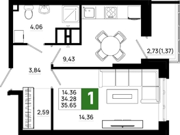 Продается 1-комнатная квартира ЖК Октябрь Парк, 5.2, 35.65  м&sup2;, 5026650 рублей