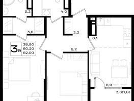 Продается 3-комнатная квартира ЖК Придонье, литер 3.1, 62  м&sup2;, 7130000 рублей