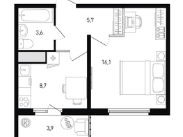 Продается 1-комнатная квартира ЖК 5 элемент Аске, лит 5-12 стр.2, сек.3,4,5,6, 34.9  м&sup2;, 5595587 рублей