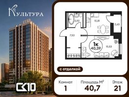 Продается 1-комнатная квартира ЖК Культура, дом 2, 40.66  м&sup2;, 7755700 рублей
