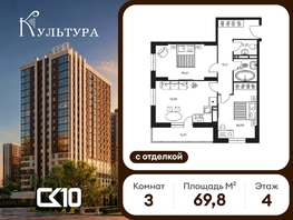 Продается 3-комнатная квартира ЖК Культура, дом 1, 69.76  м&sup2;, 10810000 рублей