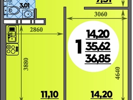 Продается 1-комнатная квартира ЖК Суворовский, литера 7, 36.85  м&sup2;, 4620990 рублей