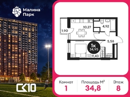 Продается 1-комнатная квартира ЖК Малина Парк, дом 2, 34.68  м&sup2;, 4510000 рублей