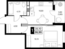Продается 1-комнатная квартира ЖК Эстет, литер 49.1, 36.9  м&sup2;, 6441264 рублей