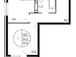 Продается 1-комнатная квартира ЖК Флора, литера 1.2, 35.9  м², 4649050 рублей