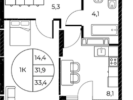 Продается 1-комнатная квартира ЖК Панорама на Театральном, литера 1, 33.4 м², 6008660 рублей