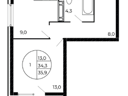 Продается 1-комнатная квартира ЖК Флора, литера 1.3, 35.05 м², 5327600 рублей