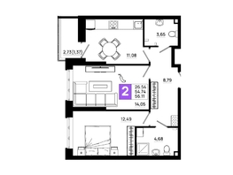 Продается 2-комнатная квартира ЖК Октябрь Парк, 5.1, 56.11  м², 7350410 рублей