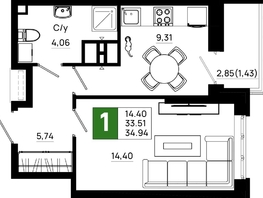 Продается 1-комнатная квартира ЖК Октябрь Парк, 5.1, 34.94 м², 4751840 рублей
