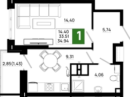 Продается 1-комнатная квартира ЖК Октябрь Парк, 5.2, 34.94 м², 4751840 рублей