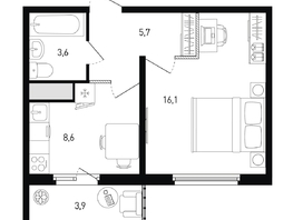 Продается 1-комнатная квартира ЖК 5 элемент Аске, лит 5-12 стр.2, сек.3,4,5,6, 35.2  м², 5387184 рублей