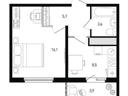 Продается 1-комнатная квартира ЖК 5 элемент Аске, лит 5-11 стр.1, сек.1,2,3,4, 35.1  м², 5415930 рублей