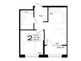 Продается 2-комнатная квартира ЖК Придонье, литер 3.1, 36.1  м², 4512500 рублей