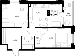 Продается 2-комнатная квартира ЖК Эстет, литер 49.1, 64.7  м&sup2;, 9935332 рублей
