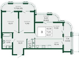 Продается 3-комнатная квартира ЖК СкайПАРК, 80.31  м&sup2;, 14455800 рублей